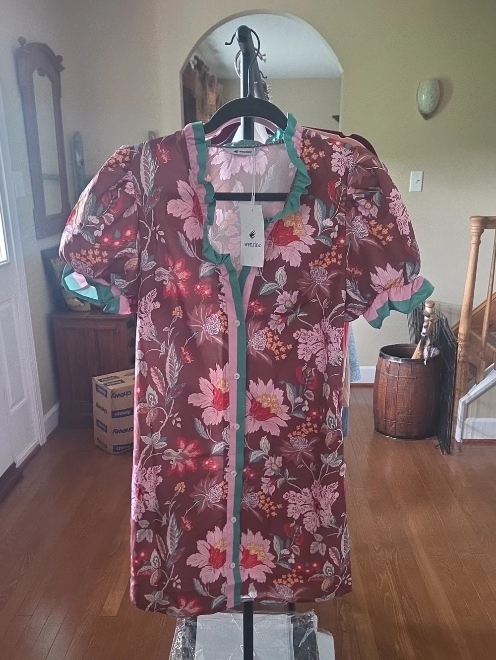 Floral Button-Front Dress with Mint Trim